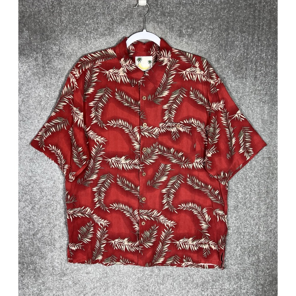 Banana Cabana SILK Button Up Shirt Men Sz Large Red Hawaiian Short Sleeve Pocket